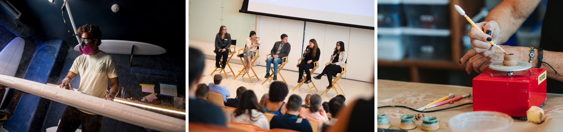 Three image collage showing person working on a surfboard, people talking on a panel, a person doing pottery