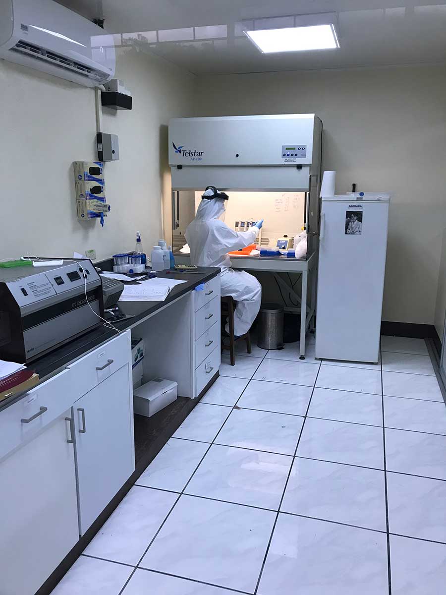 researcher in Nicaragua tests samples from health care workers.