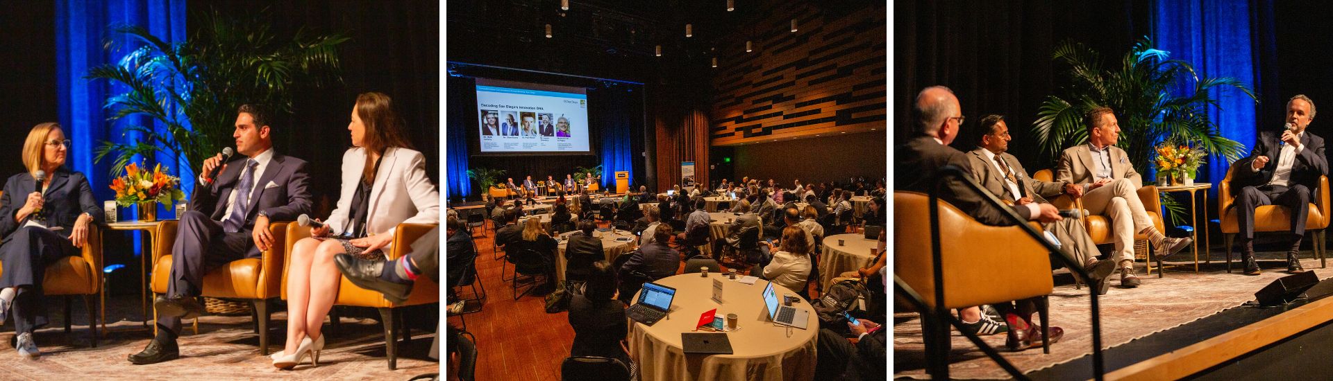 Three image collage of people speaking on panels