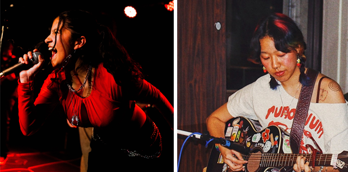 Two images of women performers, one singing and another playing acoustic guitar