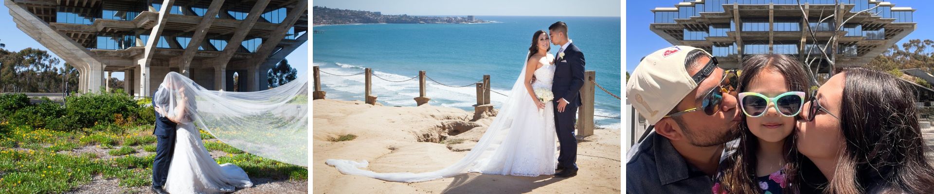 Three-image collage of wedding photos and couple with child