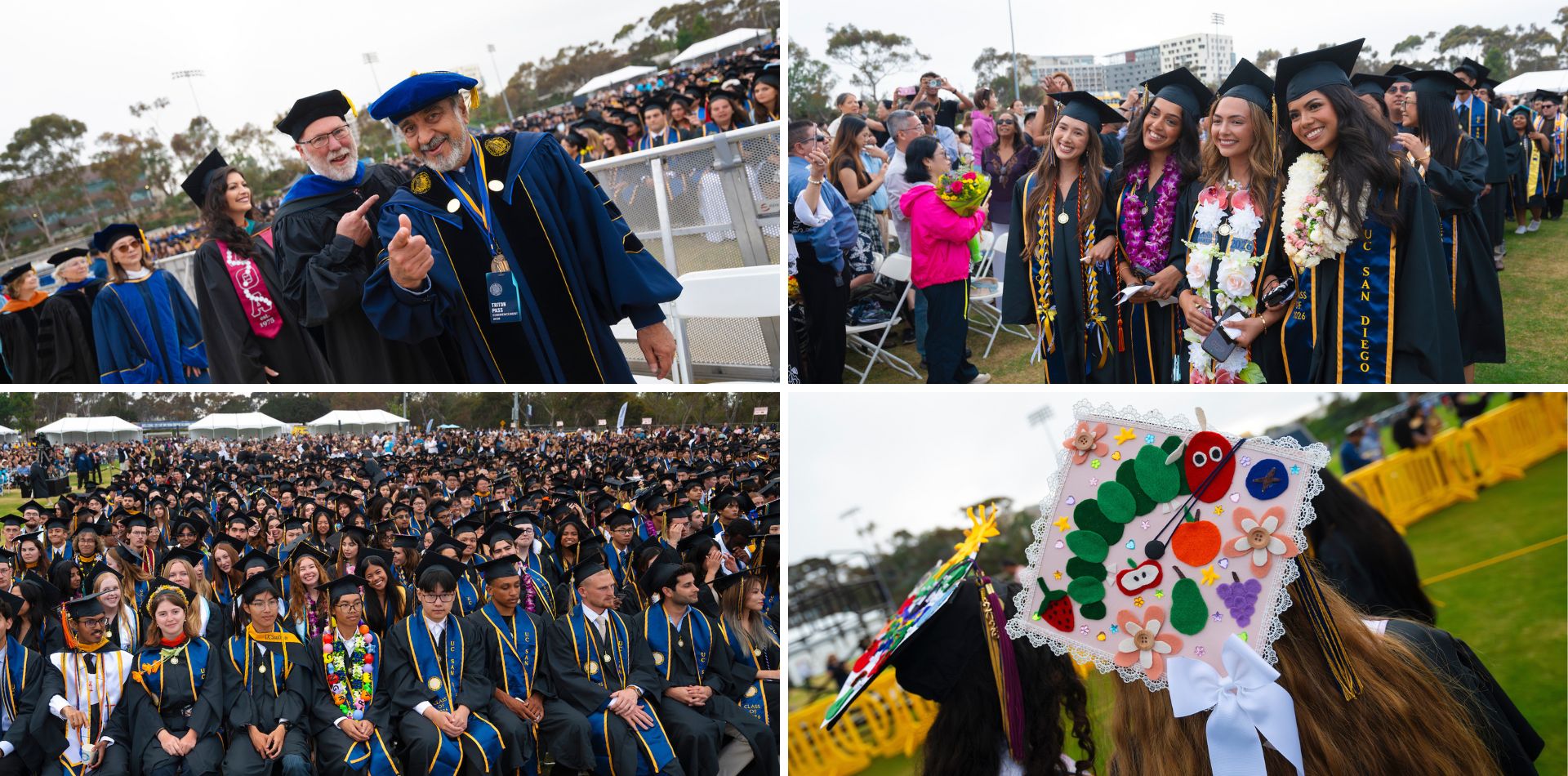 Four images depicting graduates and faculty smiling; graduates seated in rows; a colorful graduation cap.