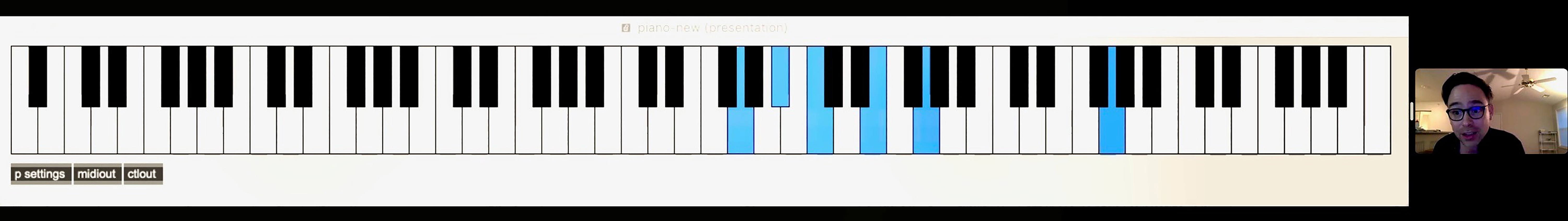Composer Alex Stephenson is shown on Zoom with a graphic next to him that shows the piano keys that he is playing as he instructs students.