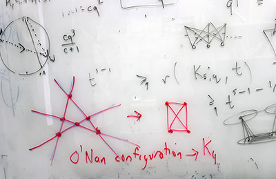 white board covered in graphs in black and red ink