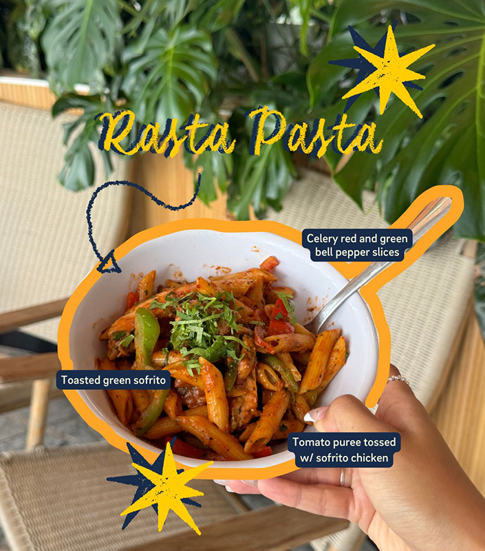 Hand holds bowl of pasta. Words read Rasta pasta: toasted green sofrito, celery, red and green bell pepper, tomato puree tossed with sofrito chicken