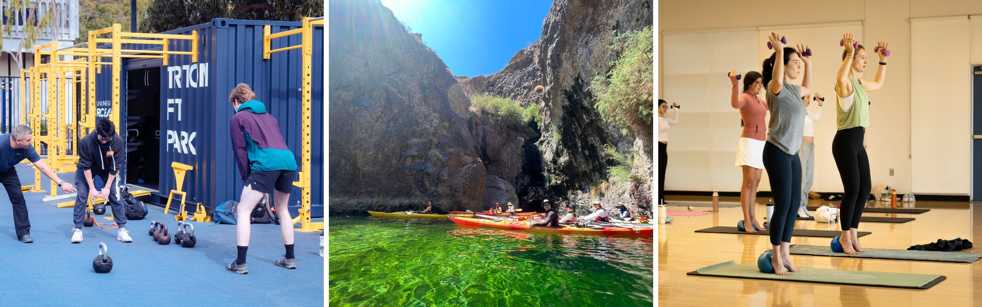 Three image collage depicting people lifting weights and kayaking in green water.