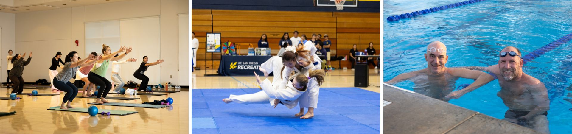Collage of pilates class, martial arts demonstration and two swimmers in a pool