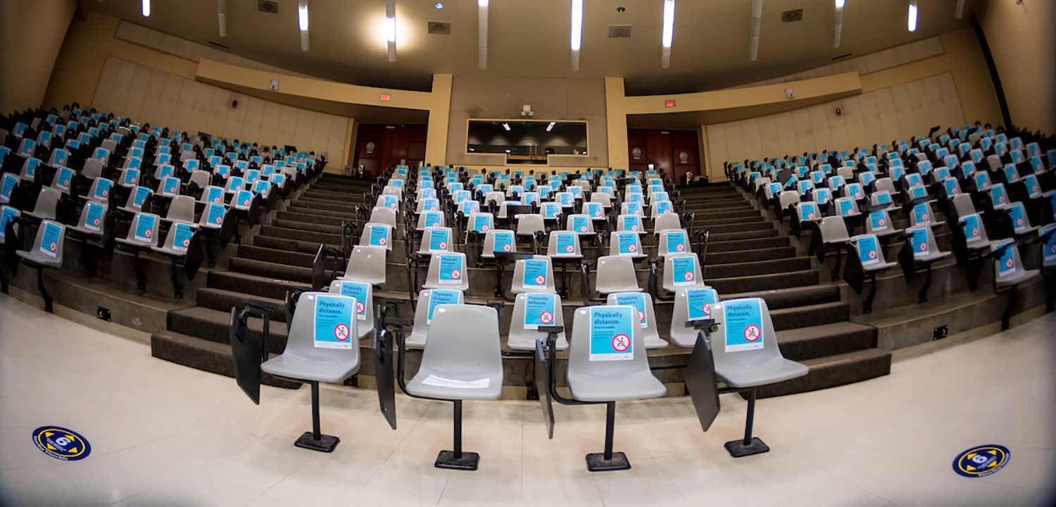 Classroom with physically distanced seating.