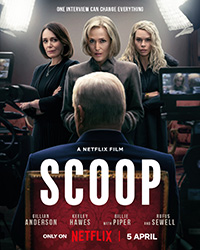 Three woman looking at man with text: Scoop, A Netflix Film