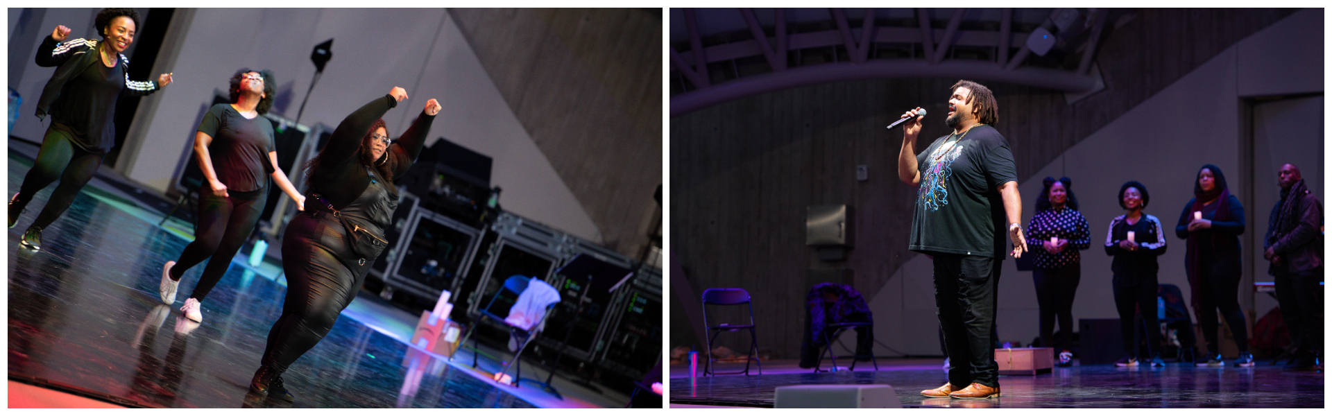 Left: Three performers on stage. Right: Man stands singing on stage, with additional singers in the background.