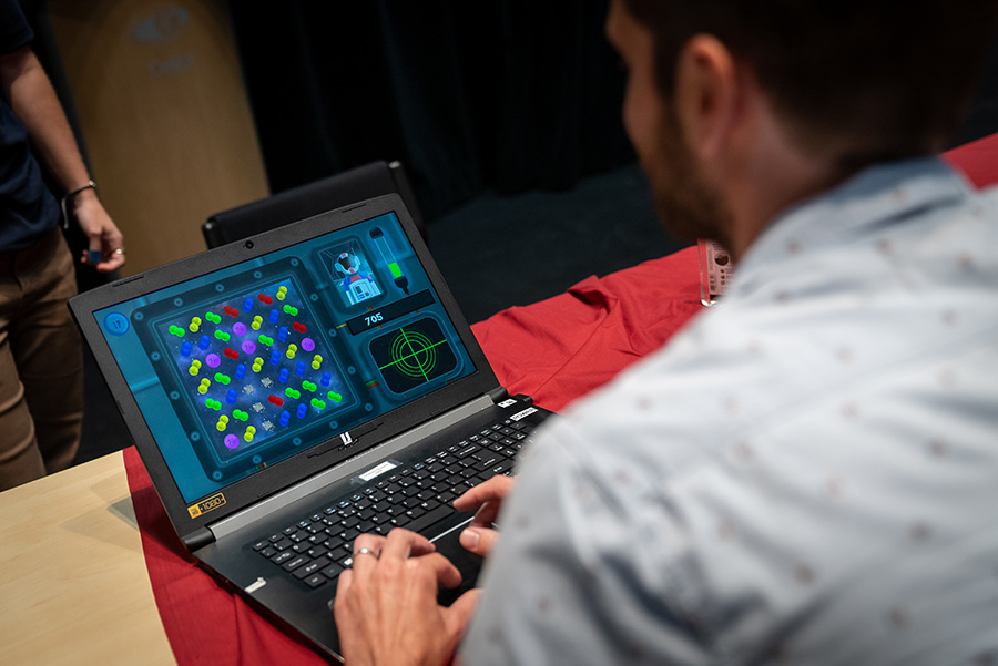 A visitor matches helium and hydrogen atoms in Star Swap.