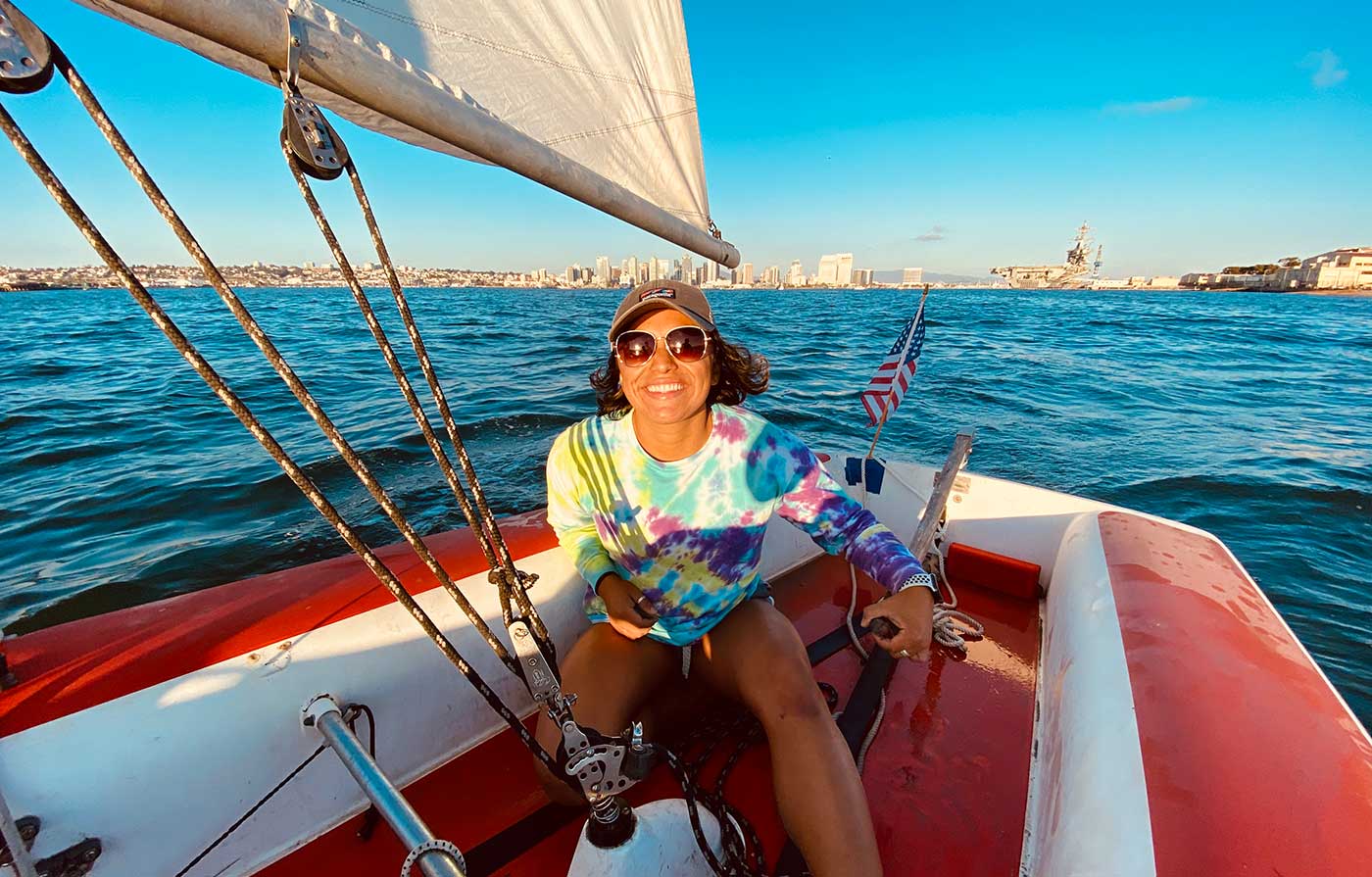Francesca Hart sailing in San Diego Bay.