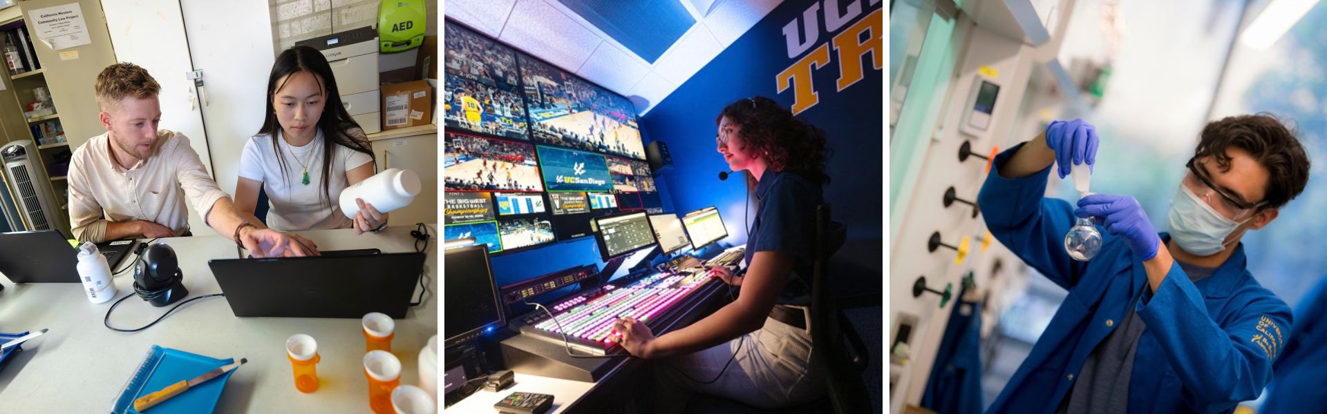 Three image collage depicting students at work in labs and broadcast booths.
