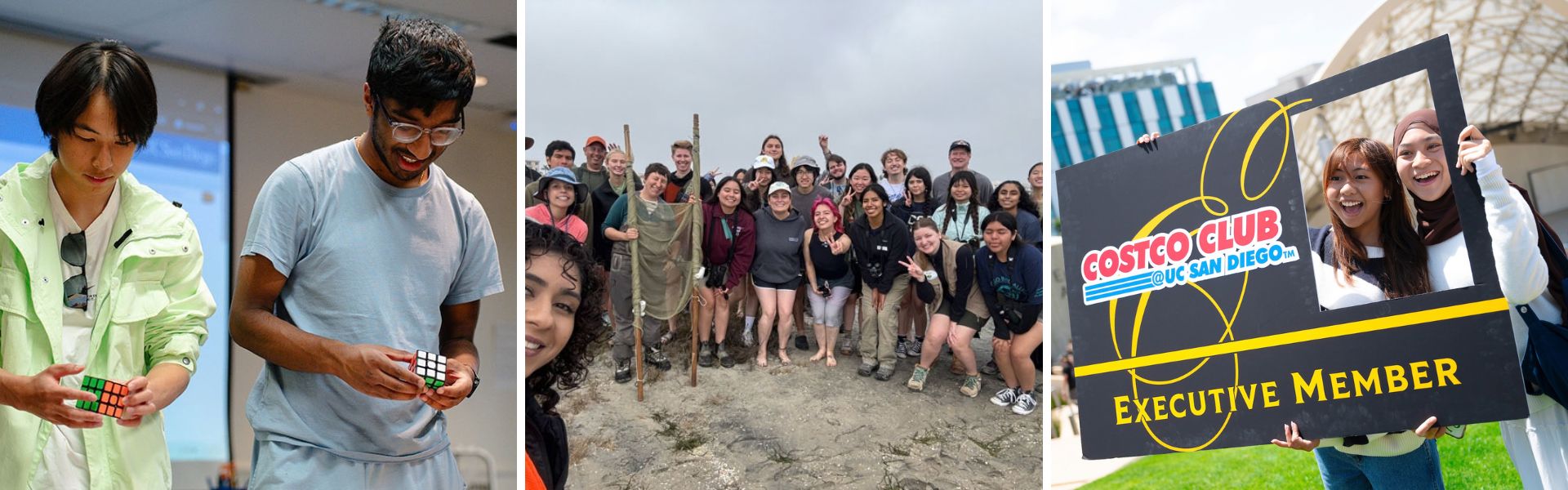 Three image collage showing students solving Rubiks cubes, a group of students on a beach and two students holding a giant Costco Executive member card.