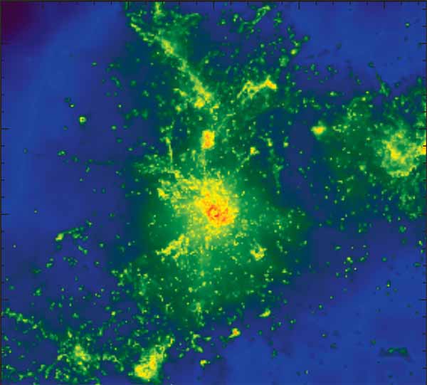Image: Multiple spots in a simulated galaxy glow brightly at submillimeter wavelengths of light