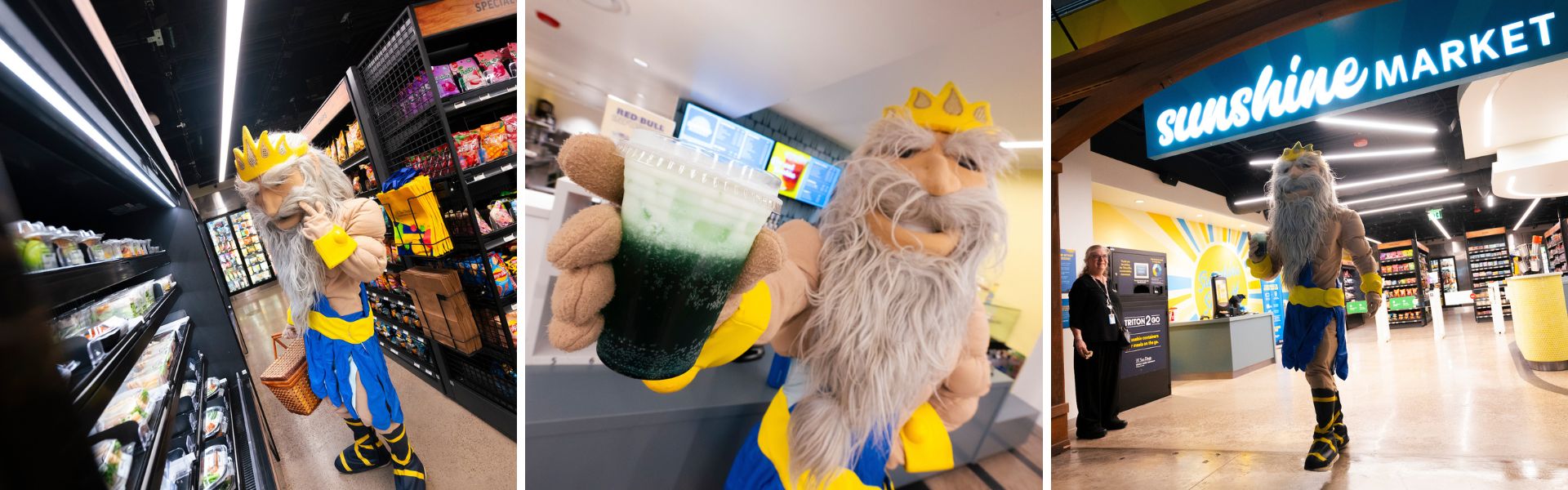 Three images of King Triton shopping in a supermarket.