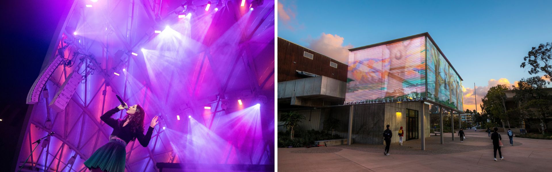 Two image collage showing singer performing on stage; and the exterior of an art gallery.