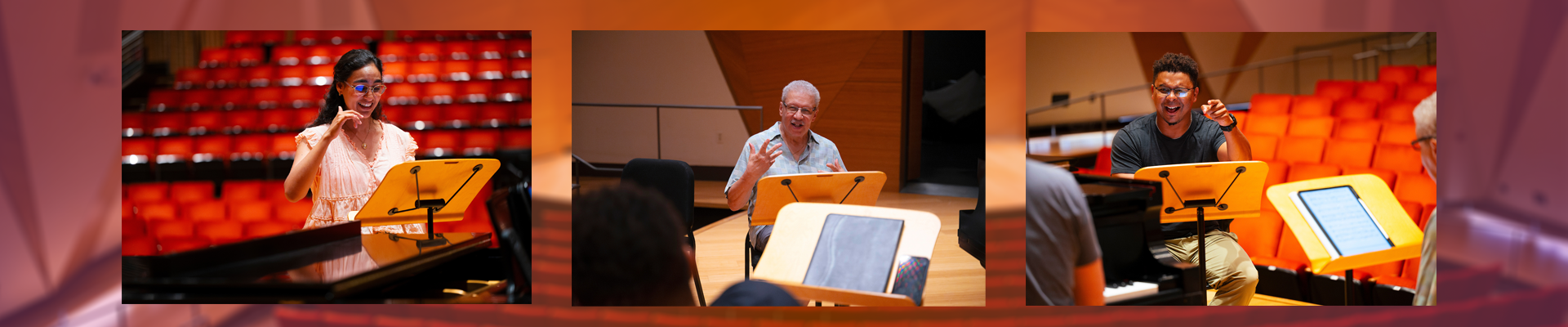 Collage of three images with Mariana Flores Bucio, Professor Anthony Davis and Victor Ryan Robertson during rehearsal