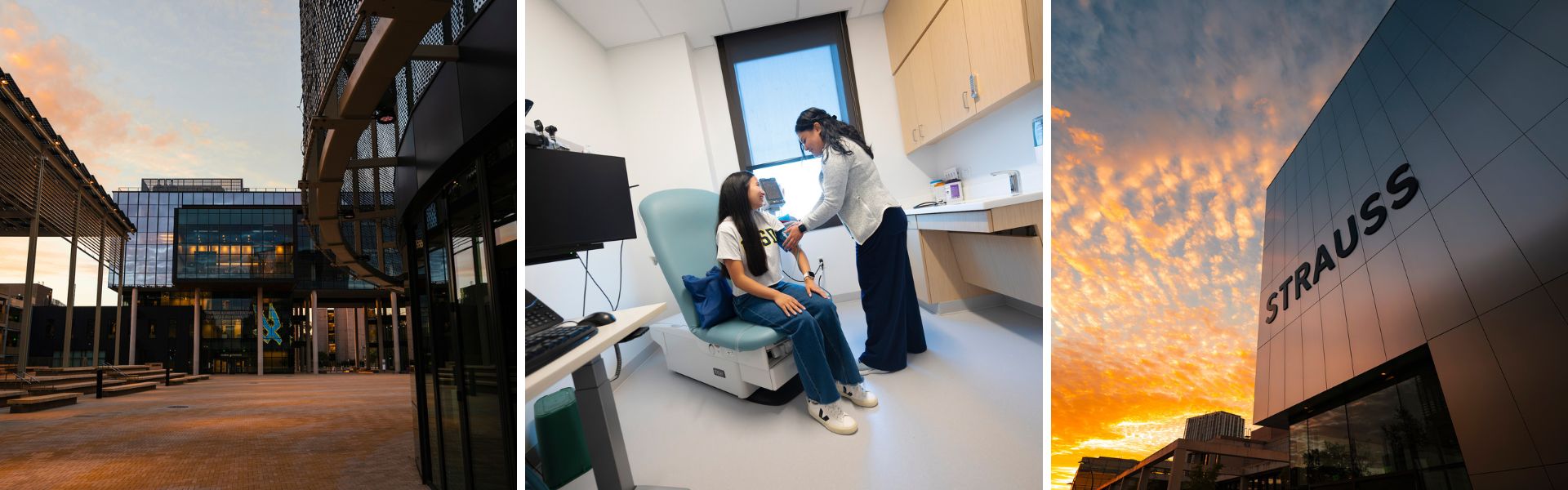 Three-image collage depicting building exteriors and a student getting their blood pressure checked.