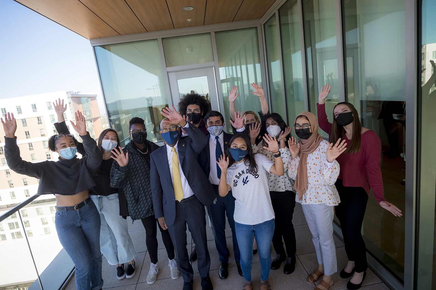 President Drake with students at North Torrey Pines Living Learning Neighborhood.