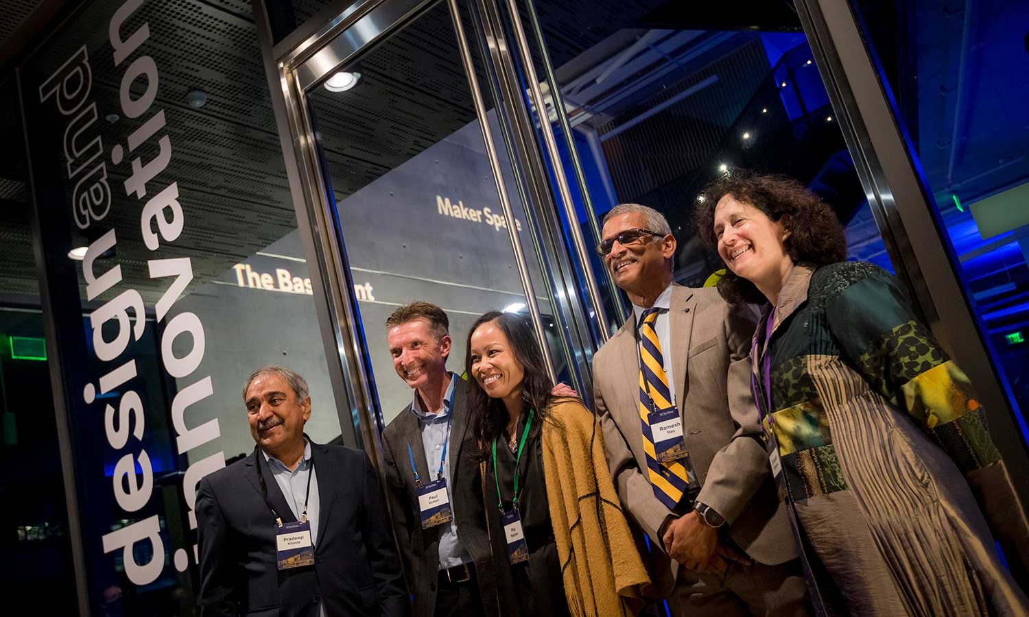 Chancellor Khosla, Paul Roben, Mai Thi Nguyen, Ramesh Rao and Executive Vice Chancellor for Academic Affairs Elizabeth H. Simmons at the Design and Innovation Grand Opening.