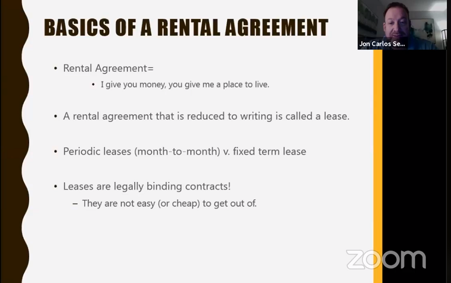 Jon Carlos Senour on Zoom discussing the basics of rental agreements