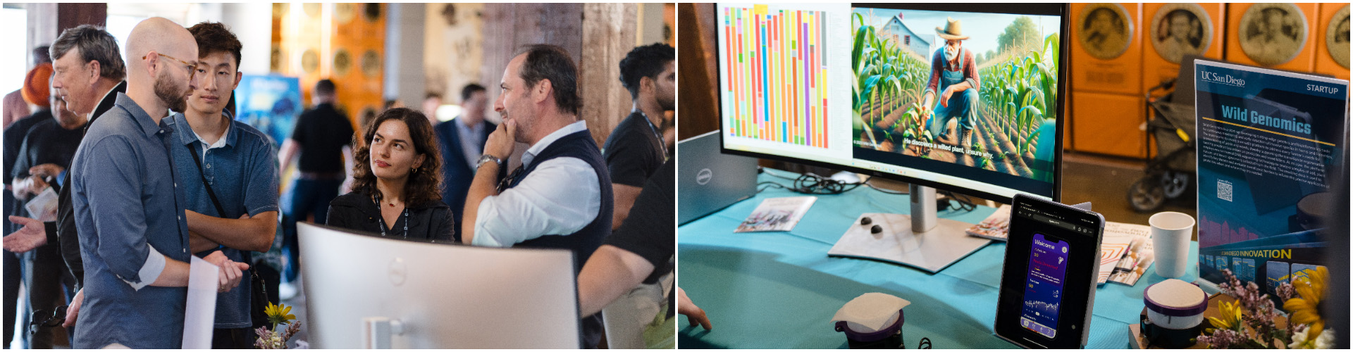 Two-image collage of group of people talking behind computer monitor; and Wild Genomics computer and iOS app display