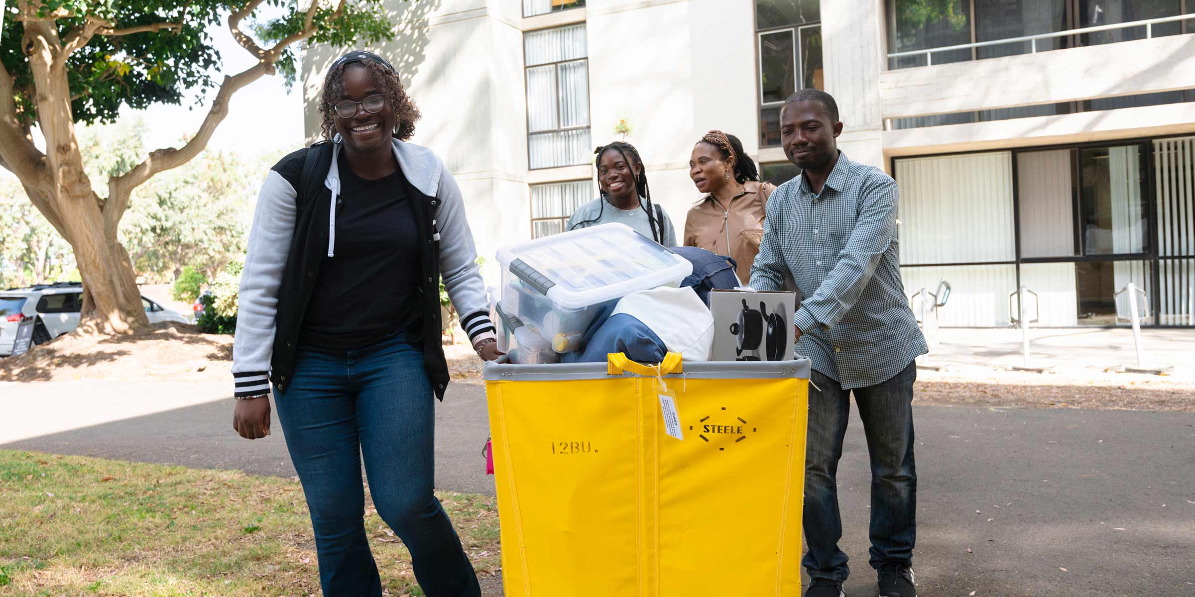A small group wheels luggage in a cart.