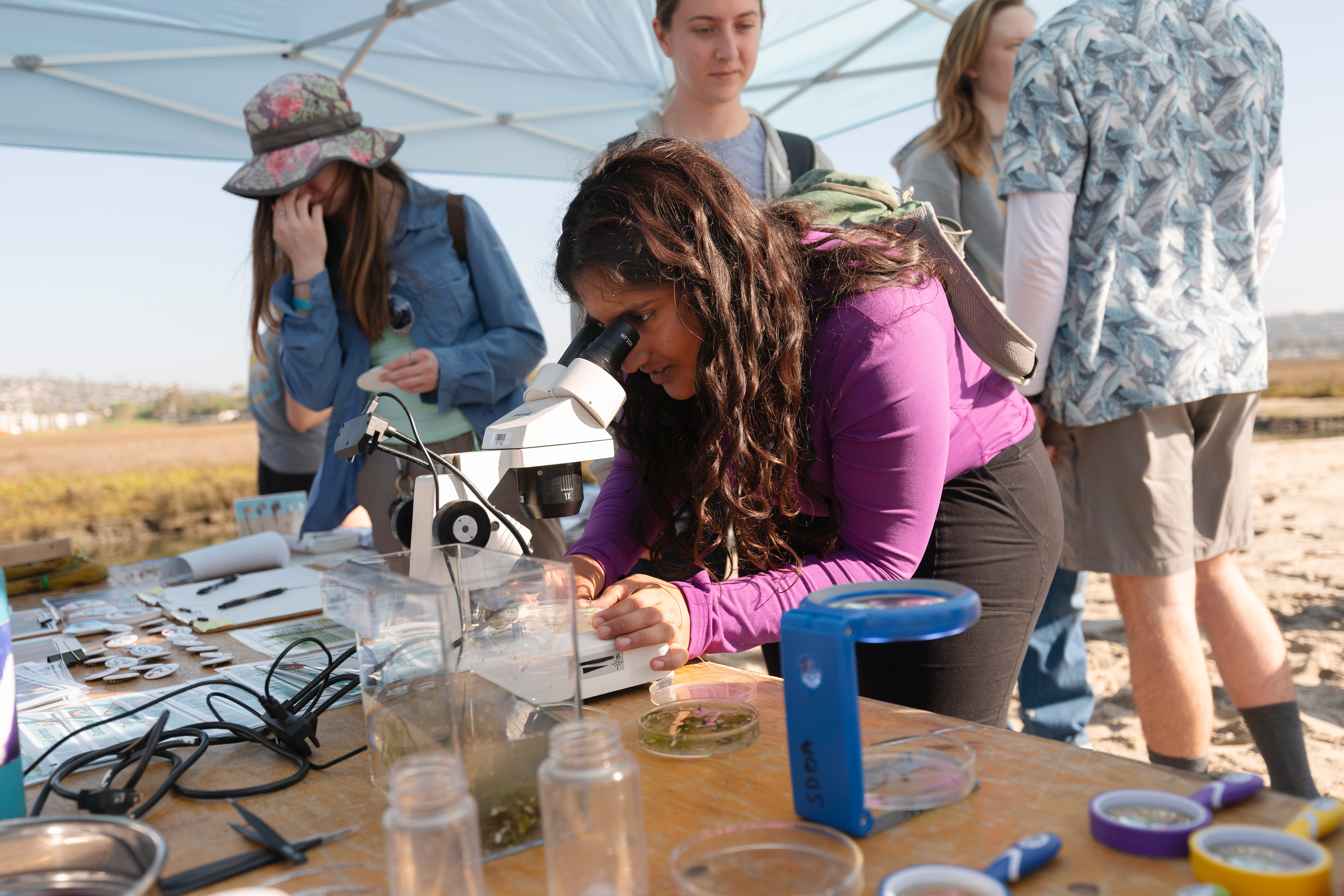 Person at table looks through microscope