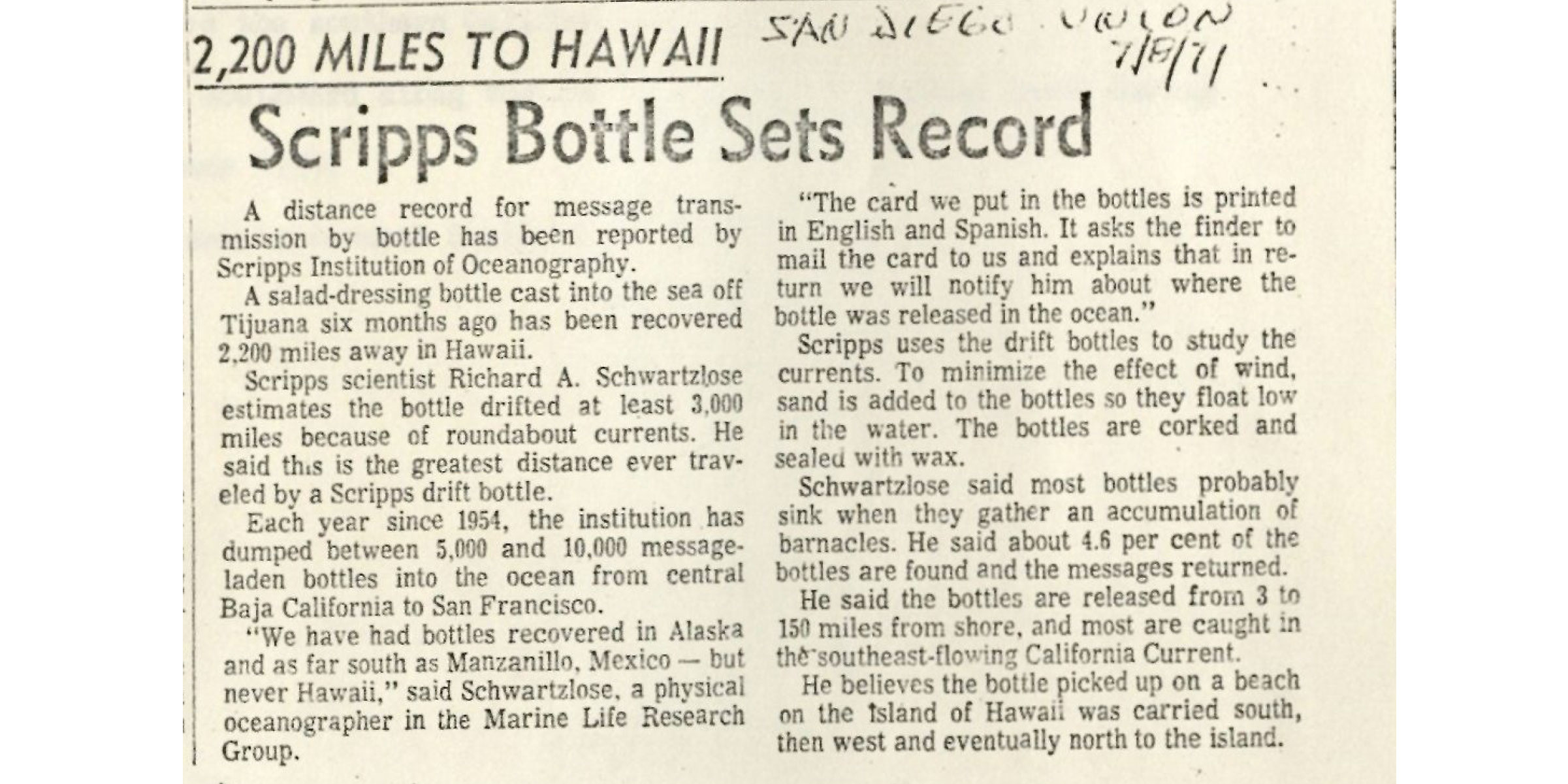 1971 San Diego Union coverage of a record-setting bottle's epic journey. The bottle was deployed as part of a late 1960s-early 1970s project. 