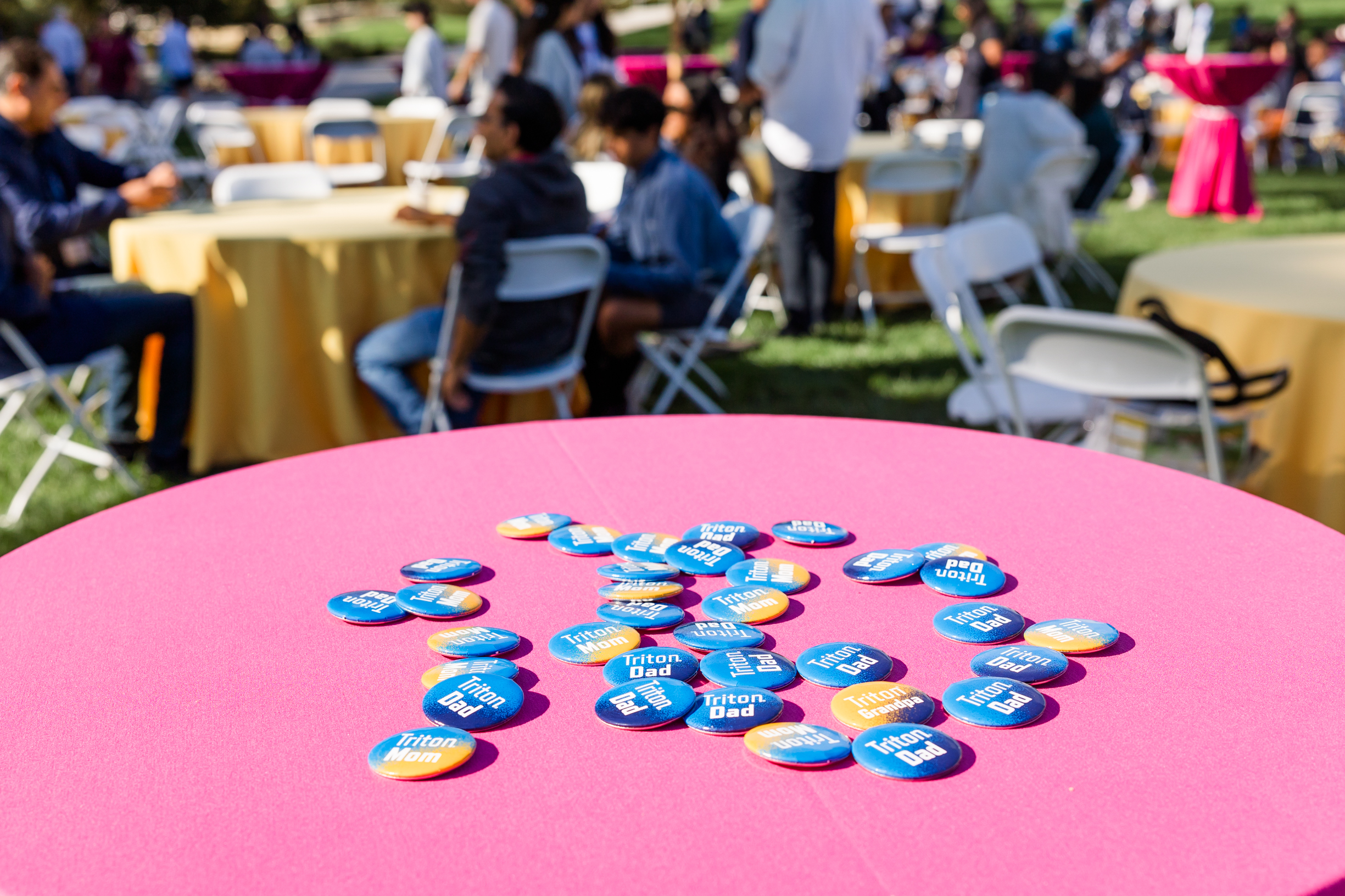 UCSD Family, Mom and Dad buttons are scattered on a table.