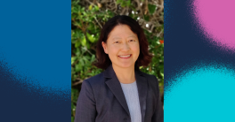 a graphic of a headshot of a person in a blazer in front of stylized circles