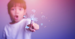 Young girl touching AI screen with purple background