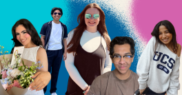 five individual photos of students overlaid over colored circles