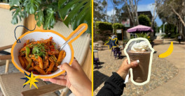 Two-image collage showing a hand holding a bowl of pasta and a hand holding a frozen coffee with whipped cream