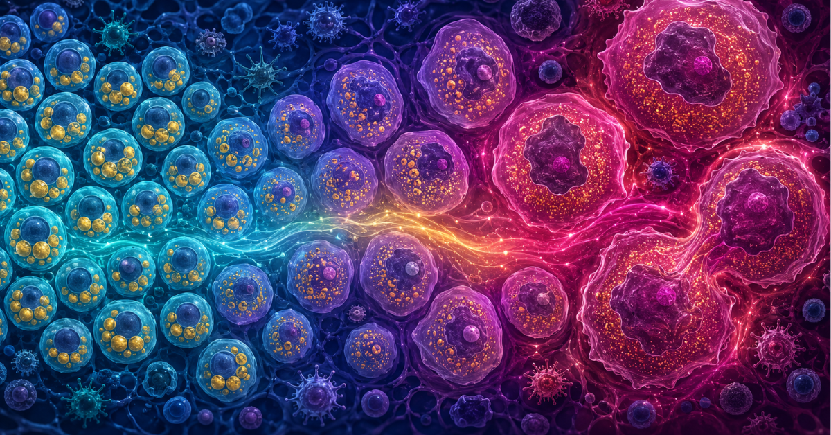 A computer generated image that shows blue cells on the left that contain large golden spheres inside which represent fat globules. There is a color gradient from left to right, showing the blue cells transition to purple and then to magenta. This color transition is accompanied by a reduction and redistribution in the size of the golden fat globules within the cells. 