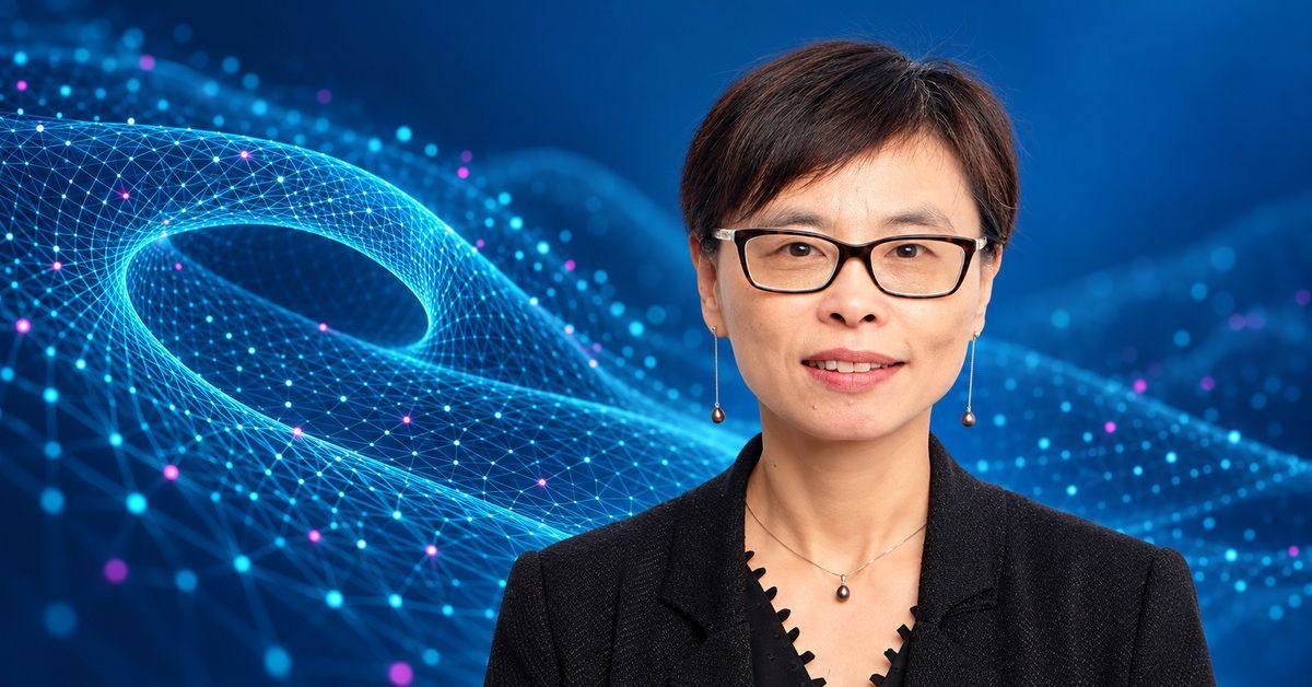 Yusu Wang in a black top in front of a data science graph swirl