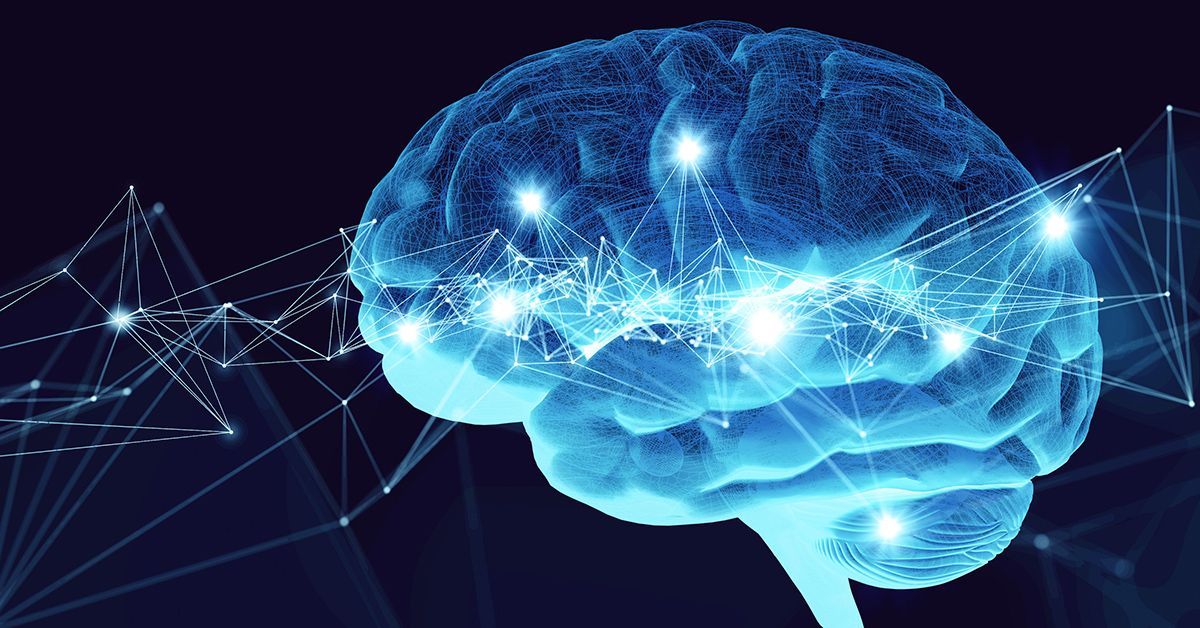Computer rendered drawing of a blue brain with multiple points and lines across it.  