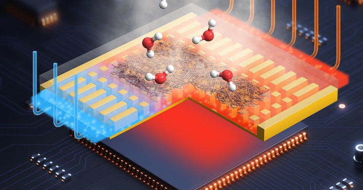 Illustration of a fiber membrane removing heat from an electronic chip through evaporation. 