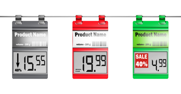 Electronic shelf labels. E-paper displays with paper label holders for supermarket price tags. Color set. Easy to recolor. 