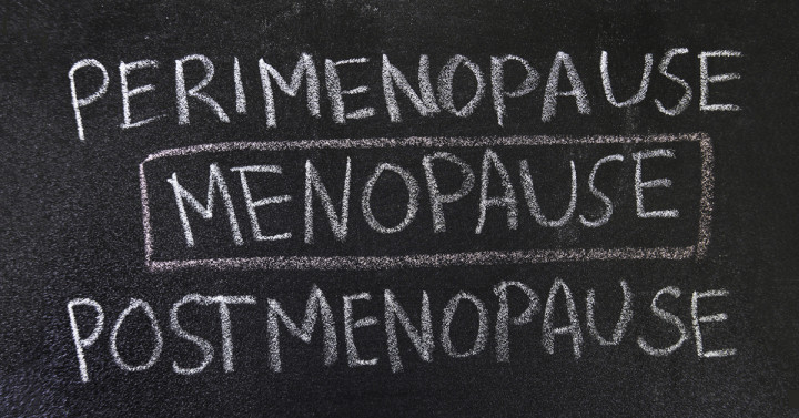 Black chalkboard with words perimenopause, menopause and postmenopause in white chalk.