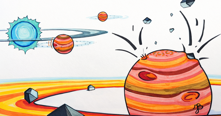drawing of gas giant planet being bombarded by meteorites