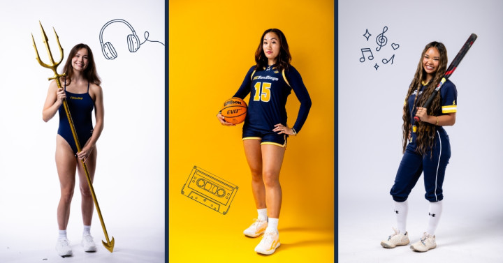 Swimmer holding trident, basketball player holding ball, softball player holding bat with music and headphone icons
