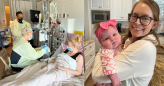 Left photo shows Natalie laying on hospital bed while getting treatment. Right photo shows Natalie holding baby.