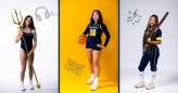 Swimmer holding trident, basketball player holding ball, softball player holding bat with music and headphone icons