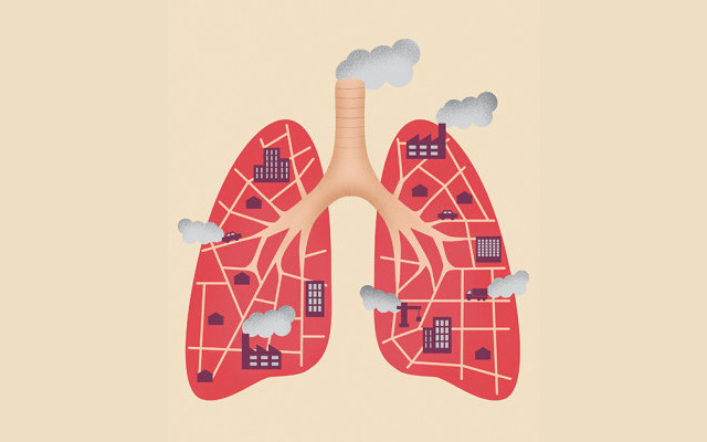 Cartoon illustration of lungs with buildings emitting smoke.